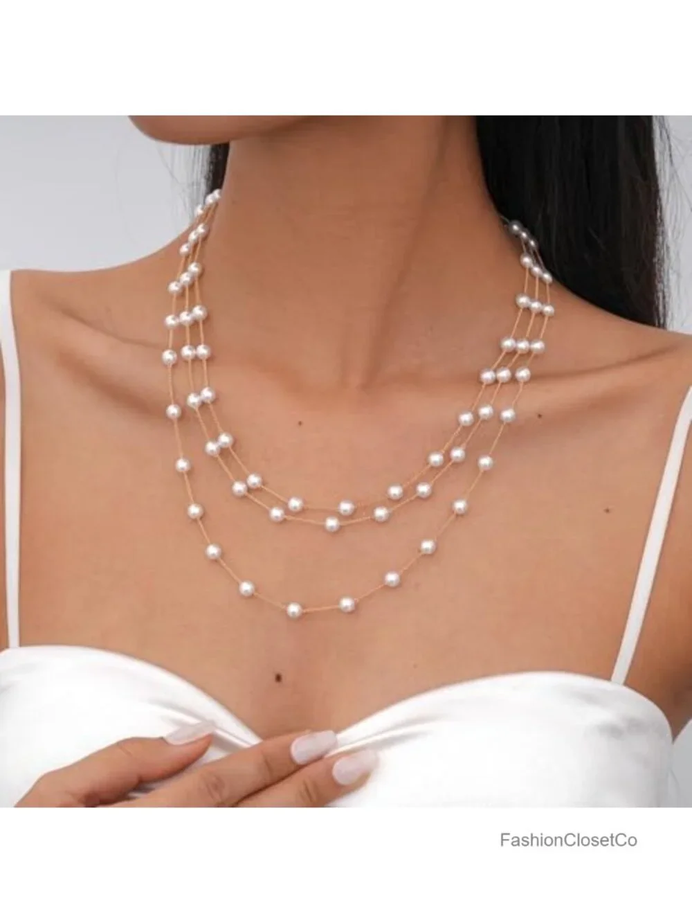 18K Gold Plated Pearl Choker Necklace Layered Dainty 6mm White Pearls